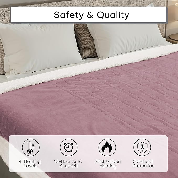 Electric Heated Blanket Throw Size 50"x60" - Dual-Sided with Microplush & Sherpa Fabric, 4 Heat Settings & 3 Hours Auto Off, Machine Washable - Berry