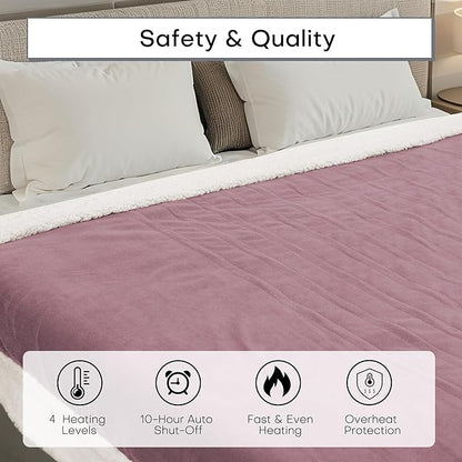 Electric Heated Blanket Throw Size 50"x60" - Dual-Sided with Microplush & Sherpa Fabric, 4 Heat Settings & 3 Hours Auto Off, Machine Washable - Berry