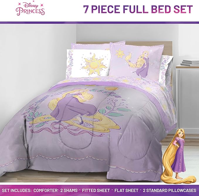 Jay Franco Kids Comforter Set Includes Sheets and Pillow Covers - Soft and Cozy Bed Set for Stylish Room Decor, Purple - Disney Princess Rapunzel, 7 Piece Full Size Bedding