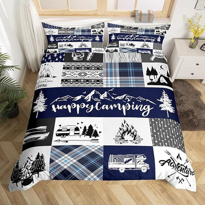 Camping Adventure Duvet Cover Set King Size for Teens,RV Camper Accessories for Travel Trailers Comforter Cover with 2 Pillowcases,Rustic Blue Plaid Boho Aztec Exotic Microfiber Bedding Quilt Cover