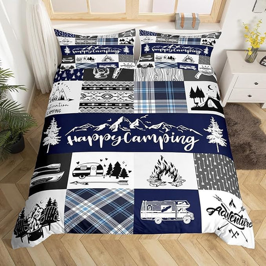 Camping Adventure Duvet Cover Set King Size for Teens,RV Camper Accessories for Travel Trailers Comforter Cover with 2 Pillowcases,Rustic Blue Plaid Boho Aztec Exotic Microfiber Bedding Quilt Cover