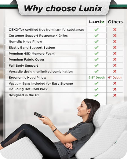 Lunix 4pcs Memory Foam Wedge Pillow Set for Back, Knee & Leg Pain Relief, Orthopedic Bed Pillow for Post Surgery, Reflux, GERD, Anti-Snoring, with Hot Cold Pack, White
