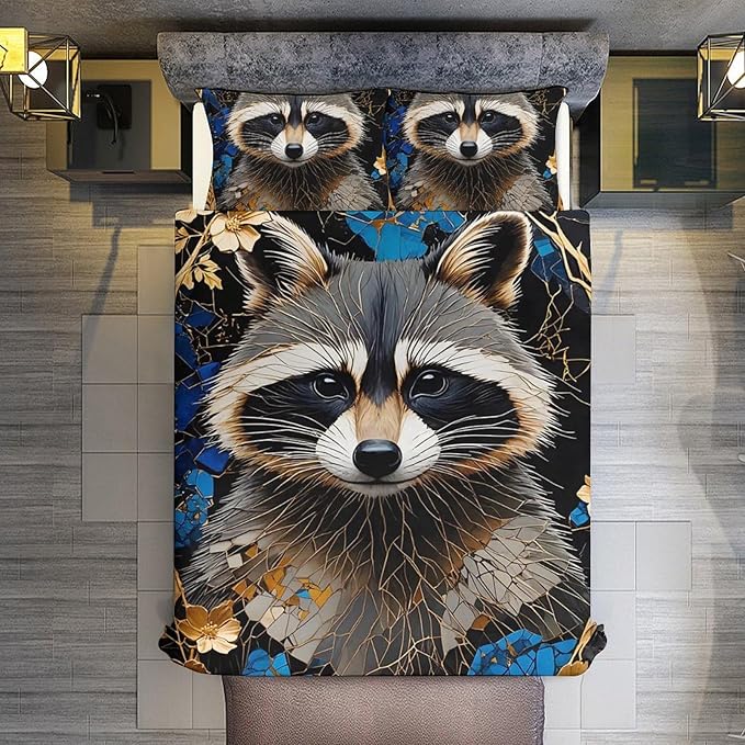Queen Duvet Cover,Cute Brown Raccoon 3 Pcs Bedding,for Kids and Adults,for Bedroom Bed Decor,Lovely Animal Themecomforter Cover with 2 Pillowcases (Queen (U.S. Standard))