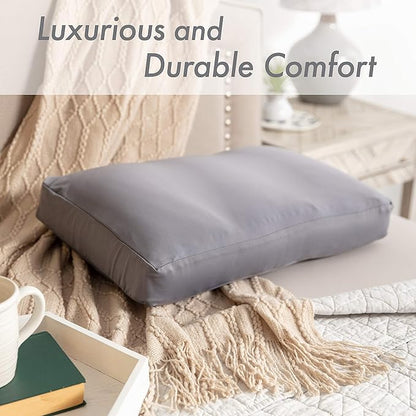 PILLOWY Premium Microbead Bed Pillow, Small Extra Fluffy But Supportive - Ultra Comfortable Sleep with Silk Like Anti Aging Cover 85% Spandex/ 15% Nylon Breathable, Cooling Stone Gray