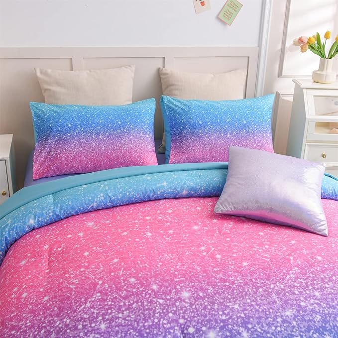 A Nice Night 6Pcs Gradient Glitter Bedding Set for Girls Twin Size, Colorful Rainbow Galaxy Comforter Set, Ultra Soft Bedding Sets, Blue