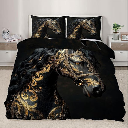 Black Horse Duvet Cover Oversized King Ancient Warhorses Bedding Set Bedroom Decor Retro Golden Pattern Comforter Cover and 2 Pillow Sham with Zipper Closure