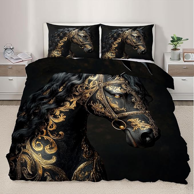 Black Horse Duvet Cover Twin Ancient Warhorses Bedding Set 2 Piece for Kids Decor Retro Golden Pattern Comforter Cover and 1 Pillow Sham with Zipper Closure