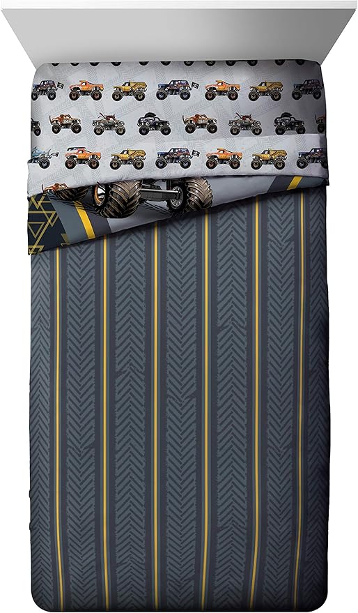 Jay franco Monster Jam MJ Life 5 Piece Full Bed Set-Includes Reversible Comforter&Sheet Set-Bedding Features Grave Digger, Max-D, Megalodon-Super Soft Microfiber-(Official Monster Jam Product)