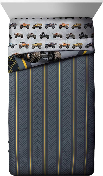 Jay franco Monster Jam MJ Life 5 Piece Full Bed Set-Includes Reversible Comforter&Sheet Set-Bedding Features Grave Digger, Max-D, Megalodon-Super Soft Microfiber-(Official Monster Jam Product)