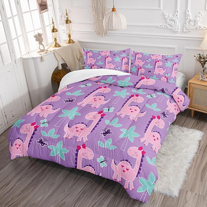Axolotl Purple Dinosaur Comforter Set King Size,Cute Dinosaur Girls Bedding,Cartoon Dinosaurs Bedding Set for Girls Teens,Kawaii Dino Animal Kids Comforter for Boys Adults,1 Quilt 2 Pillow Cases