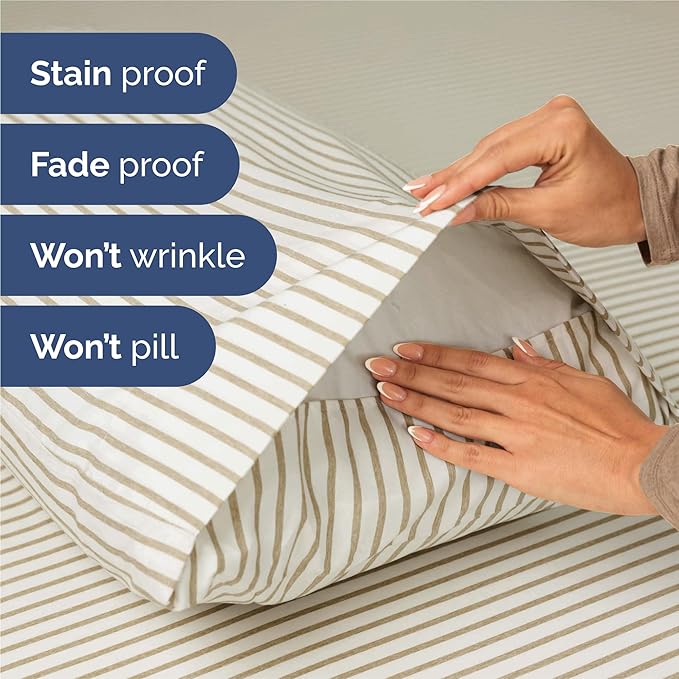 King Sheets Set 6 Piece - Includes 4 Pillowcases - Bed Sheets King Size - Soft Hotel Luxury Bedding - Cooling, Comfy & Breathable - 1 Flat & 1 Fitted & 4 Pillowcases w/ Deep Pockets - Beige Stripes