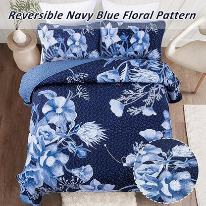 Floral Quilt Set King 3 Pieces Navy Blue Floral Quilt Coverlet Set Soft Microfiber Lightweight Navy Blue Quilted Bedspread for All Season 104"x90"