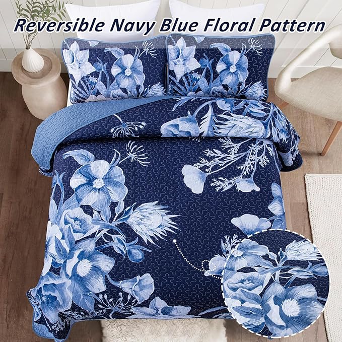 Floral Quilt Set Queen 3 Pieces Navy Blue Floral Quilt Coverlet Set Soft Microfiber Lightweight Navy Blue Quilted Bedspread for All Season 90"x96"