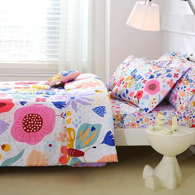 Mooreeke Twin Size Comforter Sets for Girls Kids, 6 Pieces Bed in a Bag Purple Floral Butterfly Bedding Comforter Sheet Set with Shams and Decorative Toy Pillow, Ultral Soft Microfiber Kids Bed Set