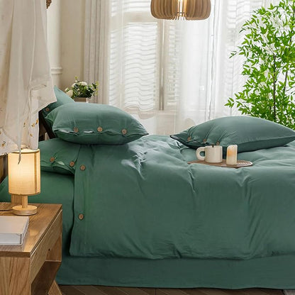 JELLYMONI Cotton Duvet Cover Twin Size - Dark Green Comforter Cover with Button 100% Washed Cotton 2PCS Breathable Soft Solid Bedding Set Duvet Cover 68×90in & 1 Pillowcase (NO Comforter)