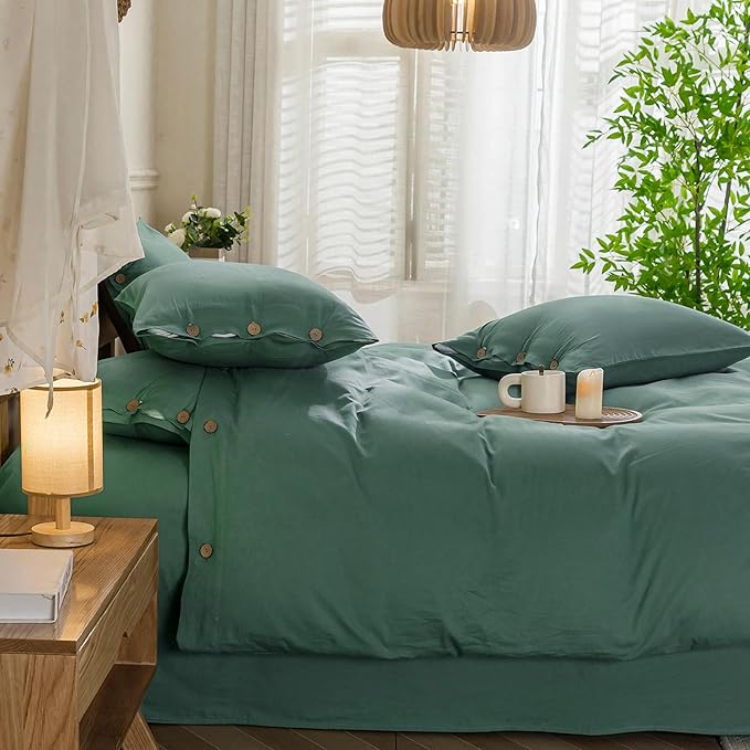 JELLYMONI Cotton Duvet Cover Cal King Size - Dark Green Comforter Cover with Button 100% Washed Cotton 3PCS Breathable Soft Solid Bedding Set Duvet Cover 104×98in & 2 Pillowcases (NO Comforter)