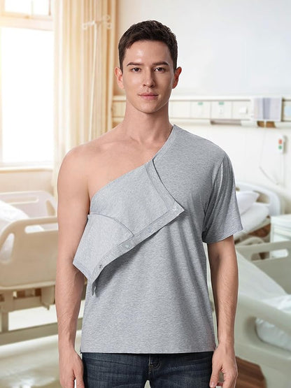 Magnetic Buttons Post Shoulder Surgery Recovery Shirt for Men V-Neck Tear Away Adaptive Chemo Port Clothing for Women