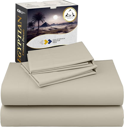 California Design Den Certified 100% Egyptian Cotton Percale Sheets King Size Set - Lightweight, Deep Pocket Bed Sheets Egyptian Cotton Set, Crisp & Durable Luxury Bedding Set - Beige
