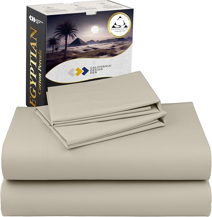 California Design Den Certified 100% Egyptian Cotton Sheets California King Size Set - Lightweight Percale California King Sheet Set with Deep Pockets, Crisp & Durable Luxury Bedding Set - Beige