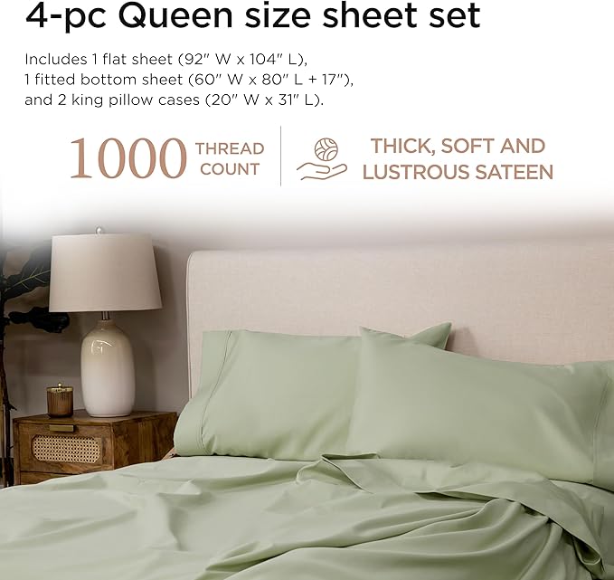 Threadmill Luxury Supima Cotton Sheets, Luxury 1000 Thread Count Soft 100% Cotton Sheets for Queen Size Bed, 4 Pc Sage Green Bed Sheets Queen Set, 5-Star Hotel Quality Deep Pocket Bed Sheets Set