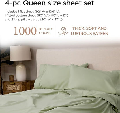 Threadmill Luxury Supima Cotton Sheets, Luxury 1000 Thread Count Soft 100% Cotton Sheets for Queen Size Bed, 4 Pc Sage Green Bed Sheets Queen Set, 5-Star Hotel Quality Deep Pocket Bed Sheets Set