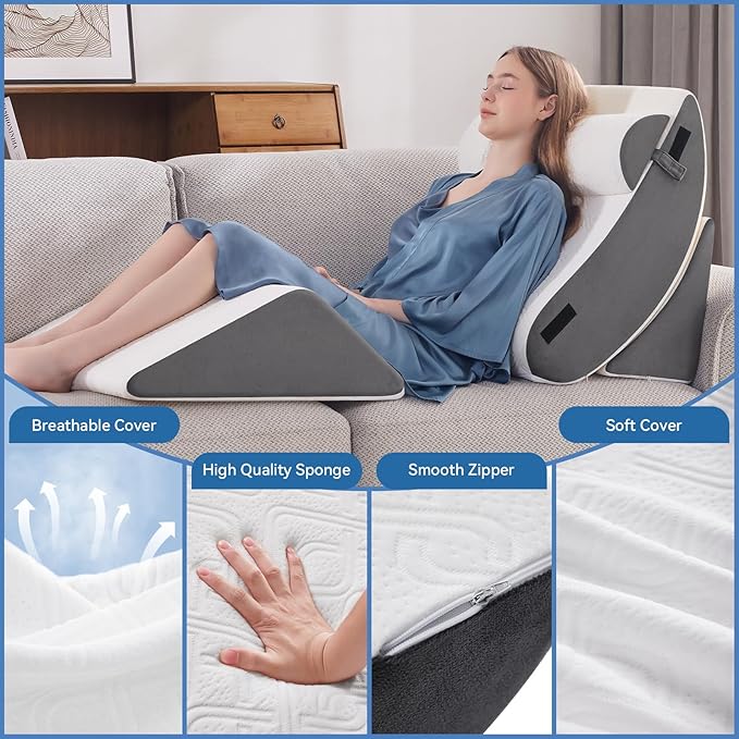 Wedge Pillow Set for After Surgery, 4 PCS Bed Wedge Pillow for Sleeping, Memory Foam Orthopedic Back Pillow for Pain Relief and Acid Reflux, Adjustable Post Surgery Pillow Grey
