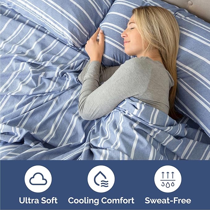 Queen 6 Piece Sheet Set - Comfy Breathable & Cooling - Soft Hotel Luxury Bedding Set with 8-16 Inch Deep Pockets - 1 Flat & 1 Fitted Sheet & 4 Pillowcases - Wrinkle Free & Easy Care - Blue Stripes 3