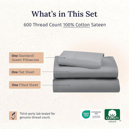 California Design Den Luxury Twin XL Sheet Set - 100% Cotton, 600 Thread Count Deep Pocket XL Twin Sheets, Hotel-Quality Bedding with Soft Sateen, Dorm Essentials for Guys - Mist Grey
