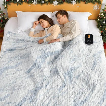 WOOMER Heated Blanket Full Size 77" x 84", Electric Blanket with 0.5-12 Hours Timer & 10 Heating Levels, ETL Certified, Marble Blue Double-Sided Faux Fur, Over-Heat Protect, Machine Washable