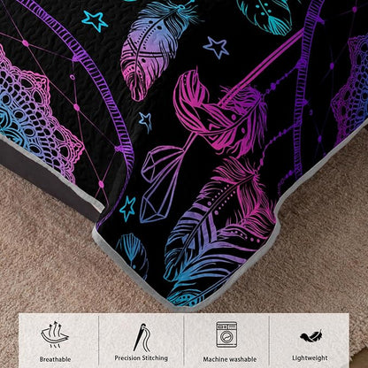 AILONEN Dreamcatcher Quilt Set King Size,Purple Blue Feather Print Bedspread Coverlet,Bohemian Mandala Bedding Set Printed with 2 Pillowcases,Soft and Lightweight