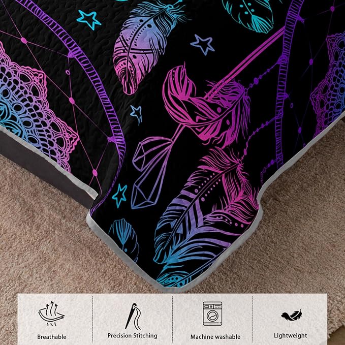 AILONEN Dreamcatcher Quilt Set Queen Size,Purple Blue Feather Print Bedspread Coverlet,Bohemian Mandala Bedding Set Printed with 2 Pillowcases,Soft and Lightweight
