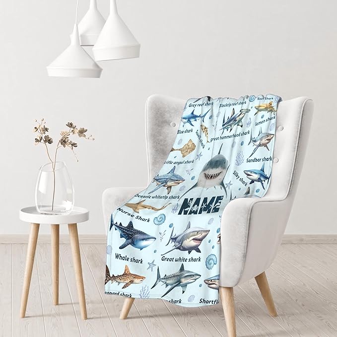 Personalized Custom Baby Blanket with Name - Shark Ocean Swaddle Blanket for Toddlers, Infants, Kids, Newborns - Nursery Stroller Crib Decor Throw Birthday Gift