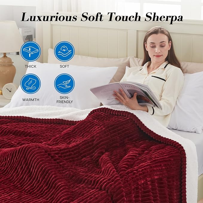 Westinghouse Electric Blanket Twin, Soft Ribbed Flannel to Sherpa Heated Blanket with 10 Heating Levels & 1-12 Hours Auto Shut Off, Fast Heating & Machine Washable, 62x84 Inch, Red