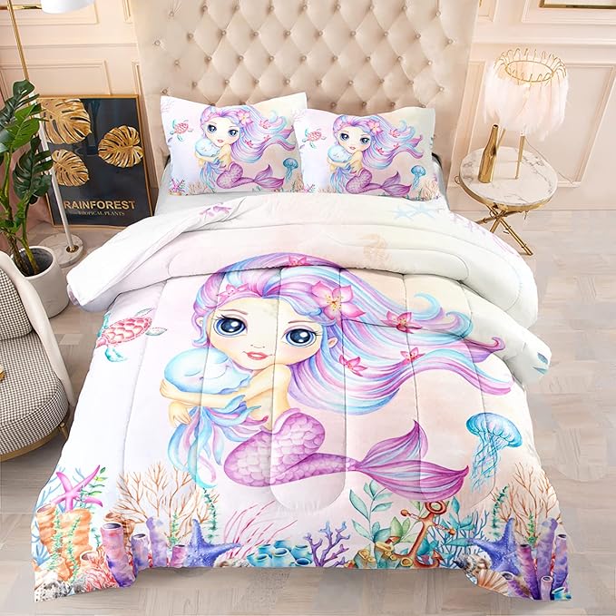 Mermaid Comforter Set Twin Size Jellyfish Turtle Bedding Set Fish Grass Quilt Bed Set for Kid Girls with 1 Comforter and 2 Pillowcases