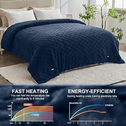 Electric Heated Blanket Full Size - Jacquard Checkered Sherpa 72"x84" Fast Heating Bed Blankets with 6 Heating Levels & 10 Hours Auto Off, Over-Heat Protection ETL, Navy Blue