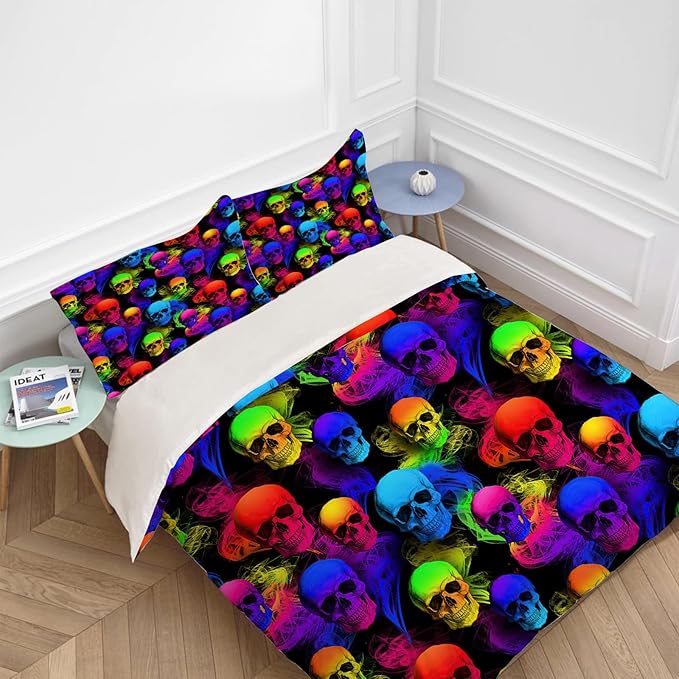 Skull Theme 3 Pieces Duvet Cover Comforter Set with 2 Pillowcase Twin Size Gothic Colorful Bed Sheet Quilt Bedroom Bedding for Lover Kids