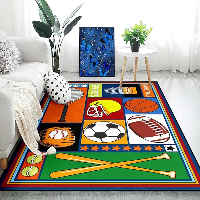 Sports Rugs for Boys Bedroom - 5'x7' Football & Soccer, Baseball, Basketball Rug for Boys Bedroom Decor Kids Carpet Soccer Carpet for Living Room Playroom Floor Mat Home Decor, 5x7 Feet