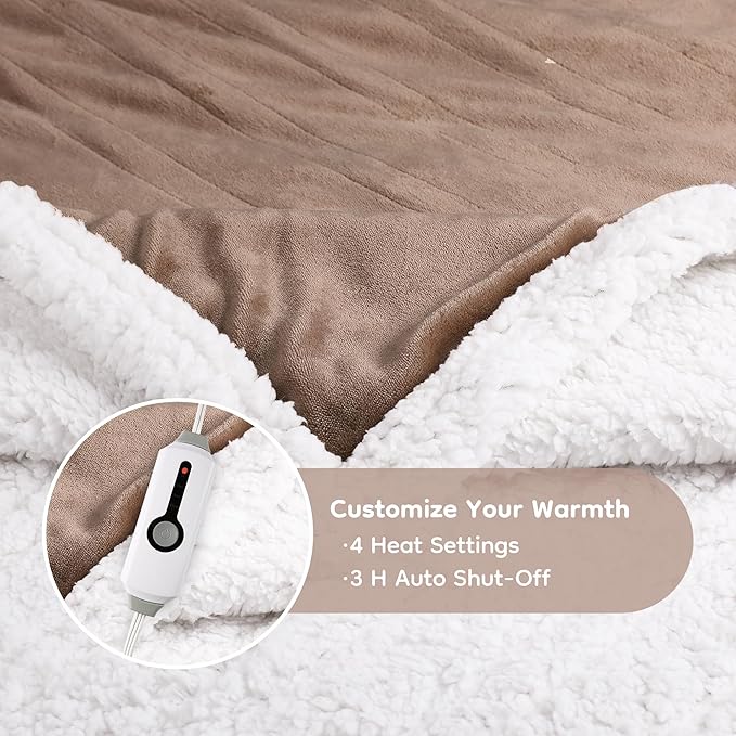 Electric Heated Blanket Throw Size - 50"x60", Soft Flannel Heating Blanket, 4 Heating Levels, 3 H Auto Shut Off, Breathable Warm and Washable for Sofa, Light Brown