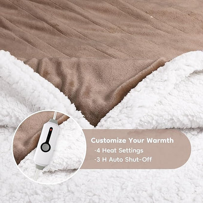 Electric Heated Blanket Throw Size - 50"x60", Soft Flannel Heating Blanket, 4 Heating Levels, 3 H Auto Shut Off, Breathable Warm and Washable for Sofa, Light Brown
