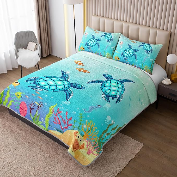 Coastal Turtle Quilts Bedding Set Twin Size 3Pcs Ocean Watercolor Sea Turtle Quilt Bed Set Beach Nautical Sea Animal Reptile Bedspreads Coverlet with 2 Pillowcases for All Season Kids Room Decor