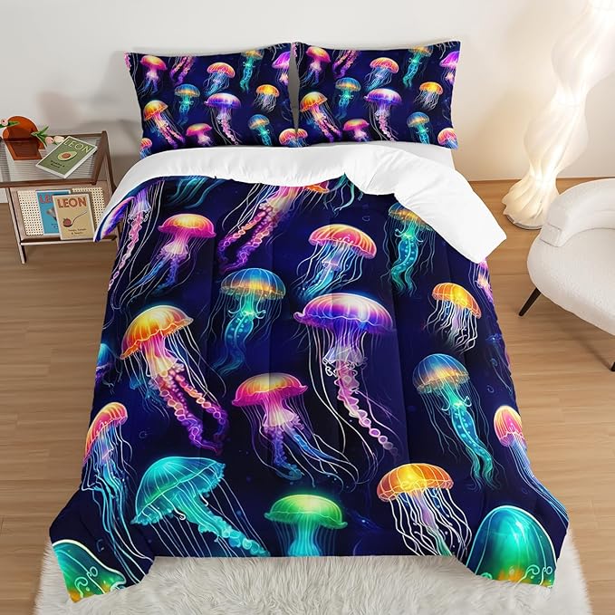 Beach Bedding Colorful Jellyfish Print King Size Comforter Set,Glowing Jellyfish Comforter Set for Kids Girls Boys Room Decor,Ocean Underwater Animal Bedding Set with 2 Pillowcases.