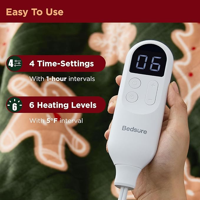 Bedsure Heated Blanket Throw - Flannel Sherpa Electric Blanket with Gingerbread Pattern, for Grandma, Heated Throw with 6 Heating Levels, 4 Time Settings, 3-Hour Auto-Off (50"x60")