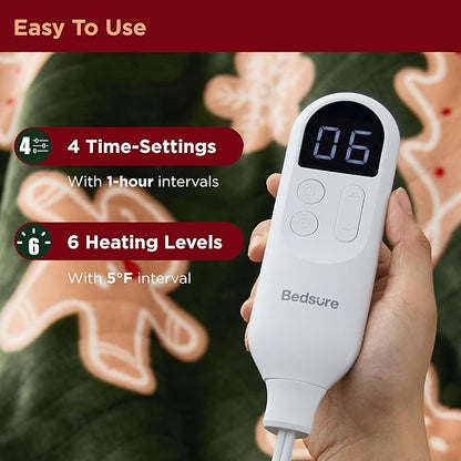 Bedsure Heated Blanket Throw - Flannel Sherpa Electric Blanket with Gingerbread Pattern, for Grandma, Heated Throw with 6 Heating Levels, 4 Time Settings, 3-Hour Auto-Off (50"x60")