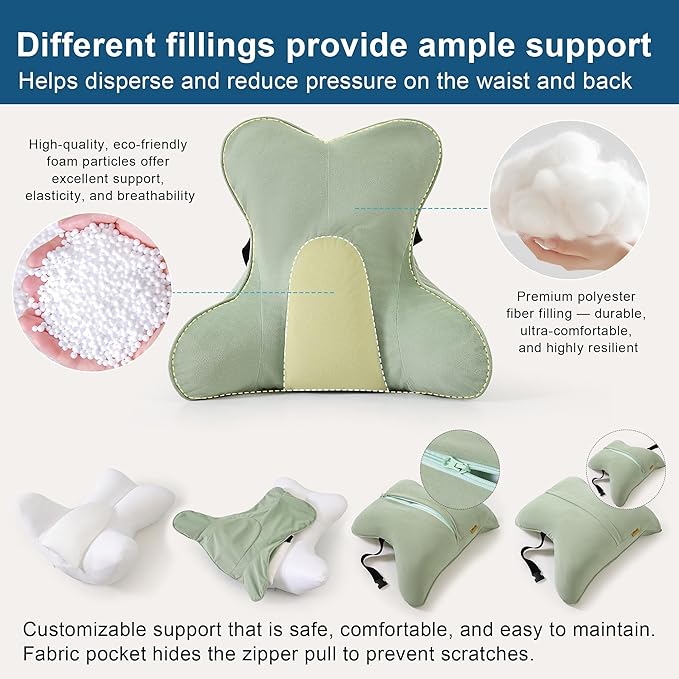 Ergonomic Lumbar Support Pillow – Multi-Functional Back Cushion with Firm Support for Reading, Working & Driving,Celadon Green