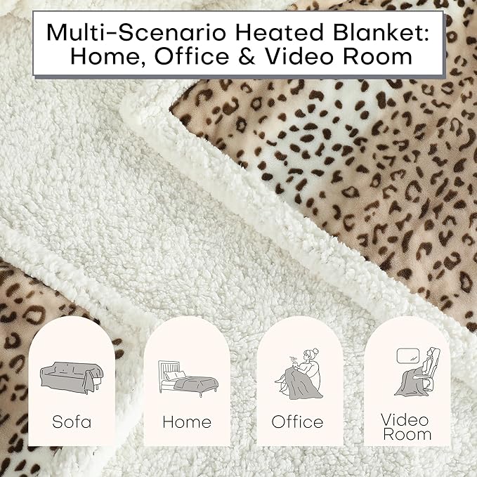 Electric Heated Blanket Queen Size 84"x90" - Dual-Sided with Microplush & Sherpa Fabric, 4 Heat Settings & 10 Hours Auto Off - Beige Leopard Print