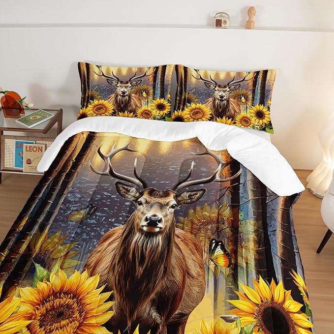 Deer Bedding Sets for Kids Boys Girls Room Decor,Hunting Themed Forest Sunflower Bedding Comforter Sets,Western Comforter Sets Woodland Camo King Bedding Set with 2 Pillowcases.