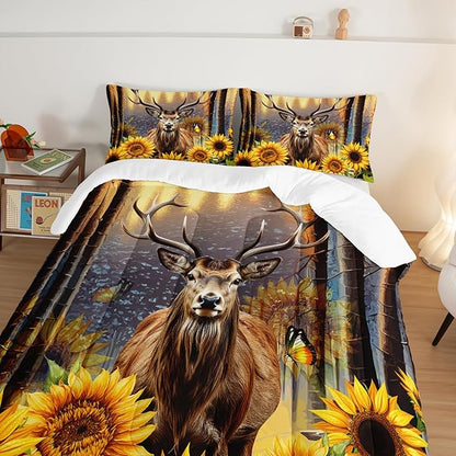 Deer Bedding Sets for Kids Boys Girls Room Decor,Hunting Themed Forest Sunflower Bedding Comforter Sets,Western Comforter Sets Woodland Camo Twin Bedding Set with 2 Pillowcases.
