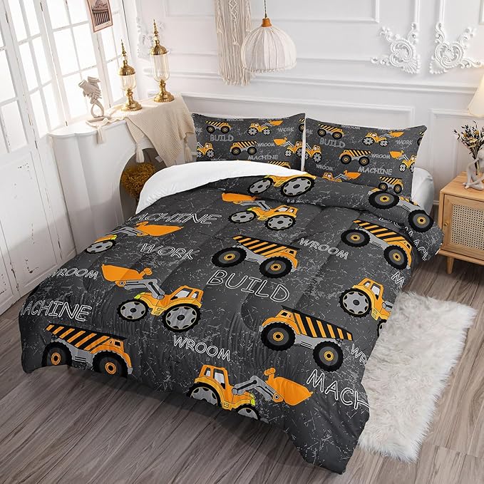 Truck Comforter Set Excavator Engineering Vehicle Printed Bedding Set with 1 Comforter and 2 Pillowcases for Boys and Girls Bedroom All Season(Truck-3 Twin)