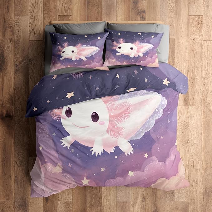 Axolotl Duvet Cover Twin Size, Kids Boys Girls Bedding Set 3 Pcs (2 Pillow Shams), Super Soft Microfiber Bedroom Decor, Zipper & Ties CSXQ1249