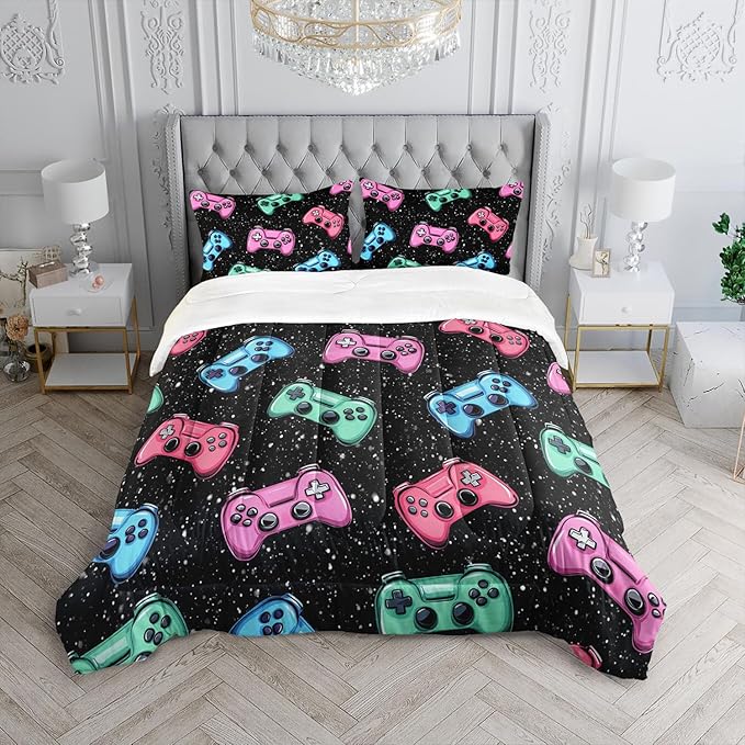 Colorful Gamer Console Comforter 3Pcs Queen Games Contoller Bedding Set for Kids Teens Boys Girls Adults 3D Video Game Gamepad Quilt Room Decor with 1 Comforter and 2 Pillowcases